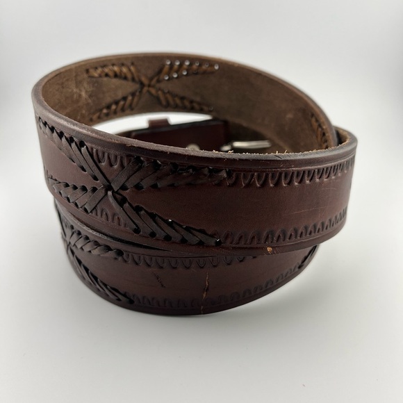 Western Lace Brown Leather Belt Silver Metal Tone Removeable Buckle 32" x 1.5 - Picture 3 of 7